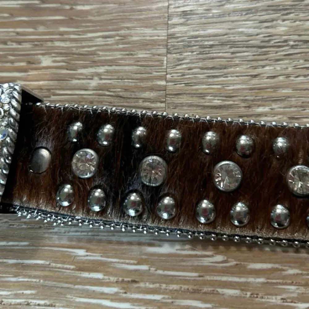 Nocona Western Studded Rhinestone Calf Hair Leather Belt Cowgirl Rodeo FestivalM - Picture 8 of 10